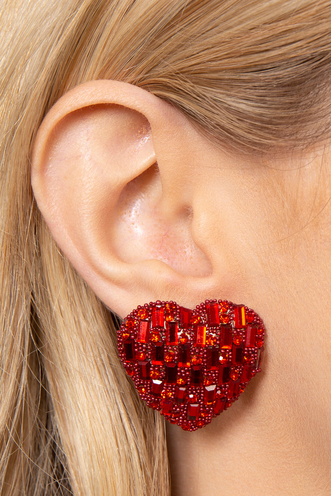 Earrings. Heart earrings. Valentines Day Red Heart Glitter and Resin dangle  studs.