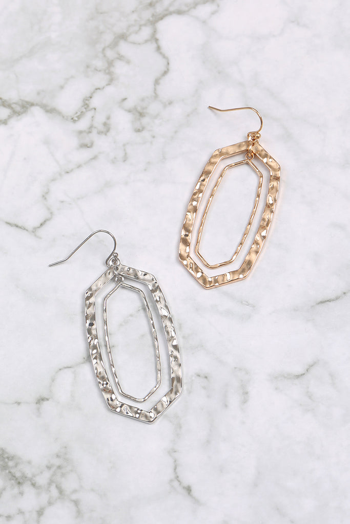 HEXAGON SHAPE HAMMERED DROP LINK EARRINGS