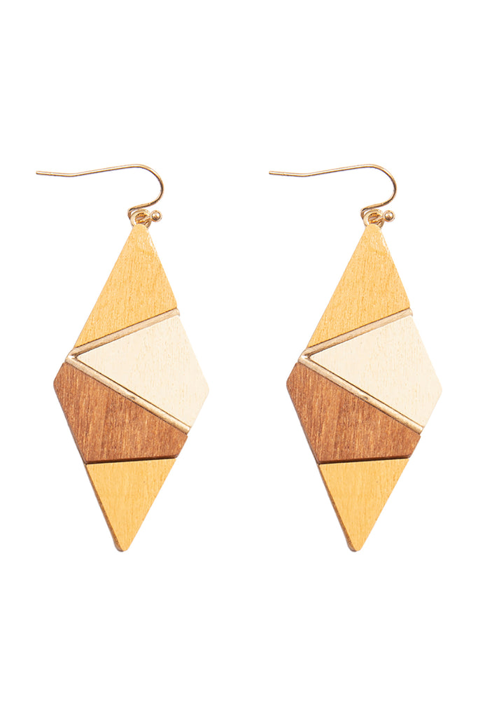 DIAMOND SHAPE WOOD MULTI COLORED DROP EARRINGS