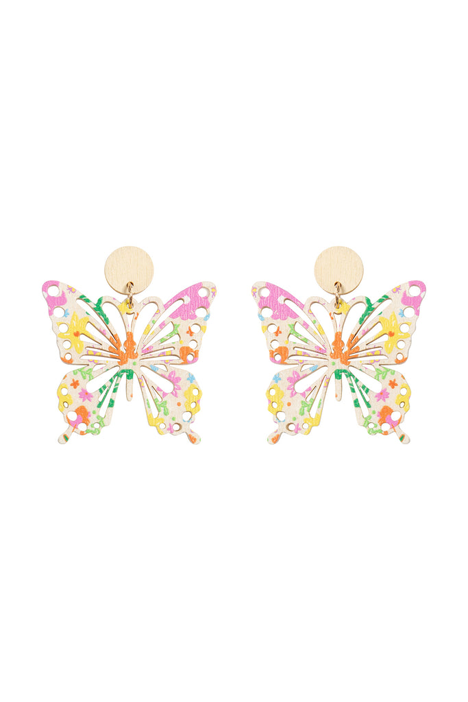 BUTTERFLY SHAPE WOOD PRINT DANGLE EARRINGS