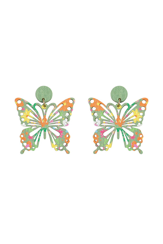 BUTTERFLY SHAPE WOOD PRINT DANGLE EARRINGS