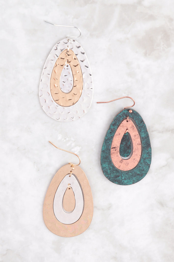 TWO TONE HAMMERED PEAR SHAPED EARRINGS