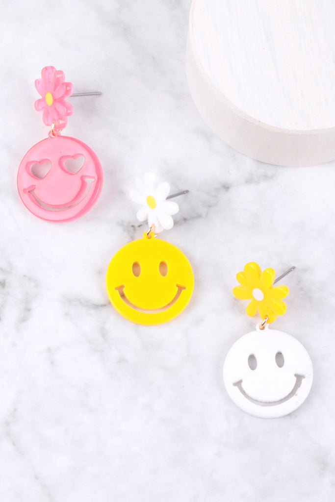 FLOWER SMILEY LINK DROP ACRYLIC EARRINGS