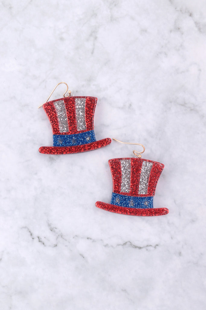 HAT USA FLAG ACRYLIC GLITTER HOOK EARRINGS