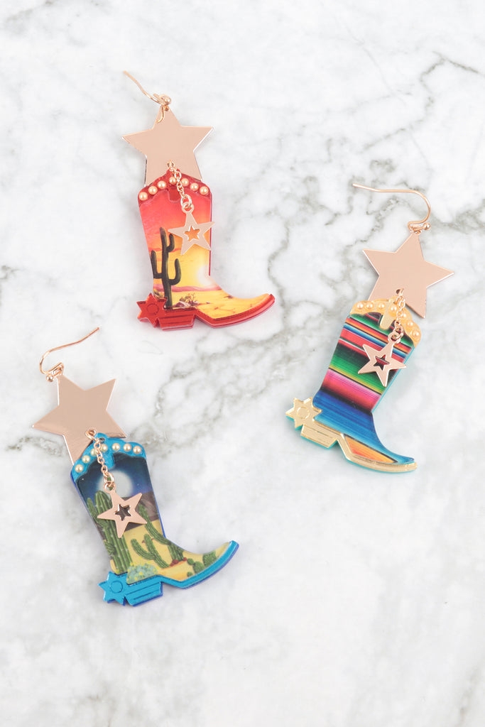 RODEO BOOTS WESTERN ACRYLIC DROP EARRINGS