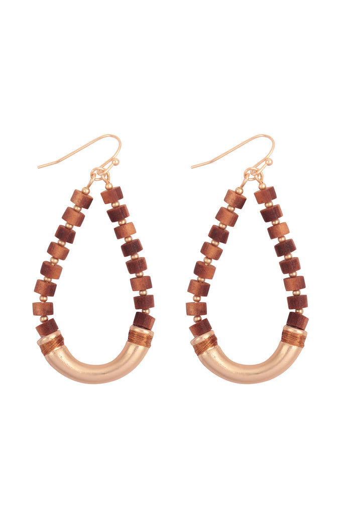 WOOD BEADED METAL TEARDROP EARRINGS