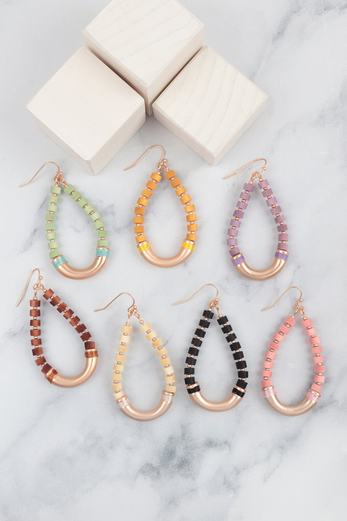 WOOD BEADED METAL TEARDROP EARRINGS