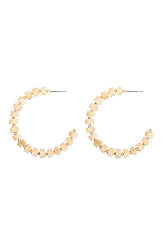 WOOD BEADED C SHAPE HOOP EARRINGS