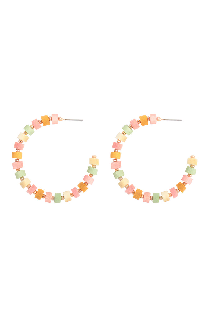 WOOD BEADED C SHAPE HOOP EARRINGS