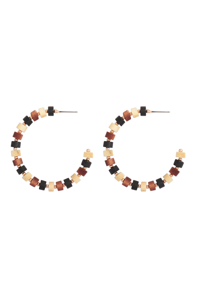 WOOD BEADED C SHAPE HOOP EARRINGS
