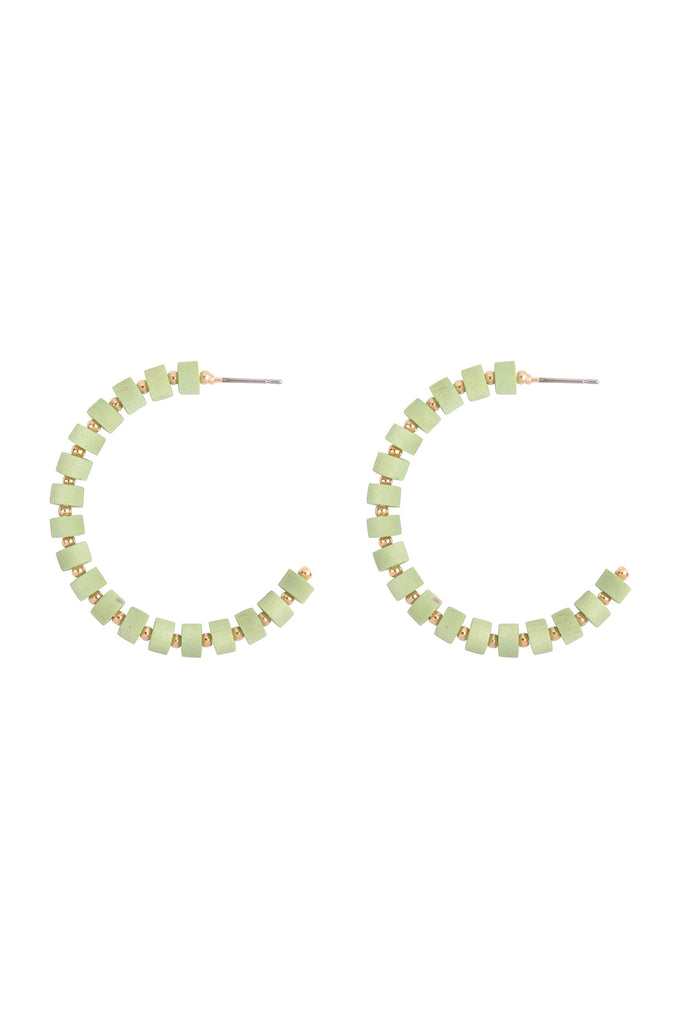 WOOD BEADED C SHAPE HOOP EARRINGS