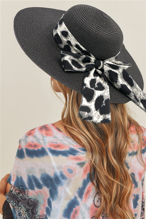 LEOPARD PRINT BOW SUMMER STRAW FLOPPY HAT