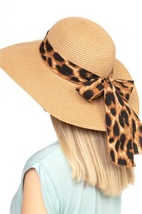 LEOPARD PRINT BOW SUMMER STRAW FLOPPY HAT