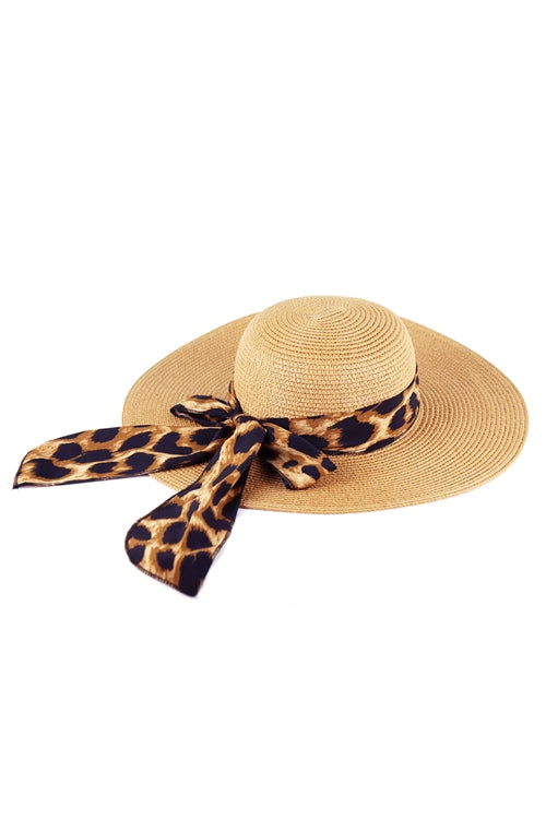 LEOPARD PRINT BOW SUMMER STRAW FLOPPY HAT