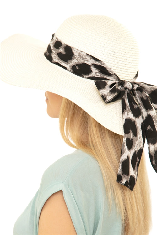 LEOPARD PRINT BOW SUMMER STRAW FLOPPY HAT