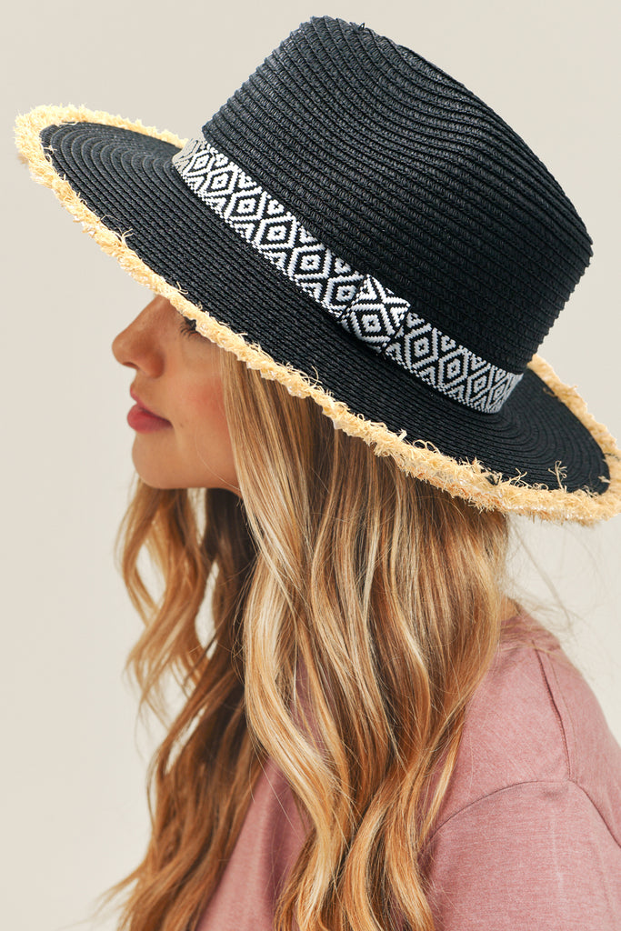 FRAYED TRIM AZTEC STRAW HAT