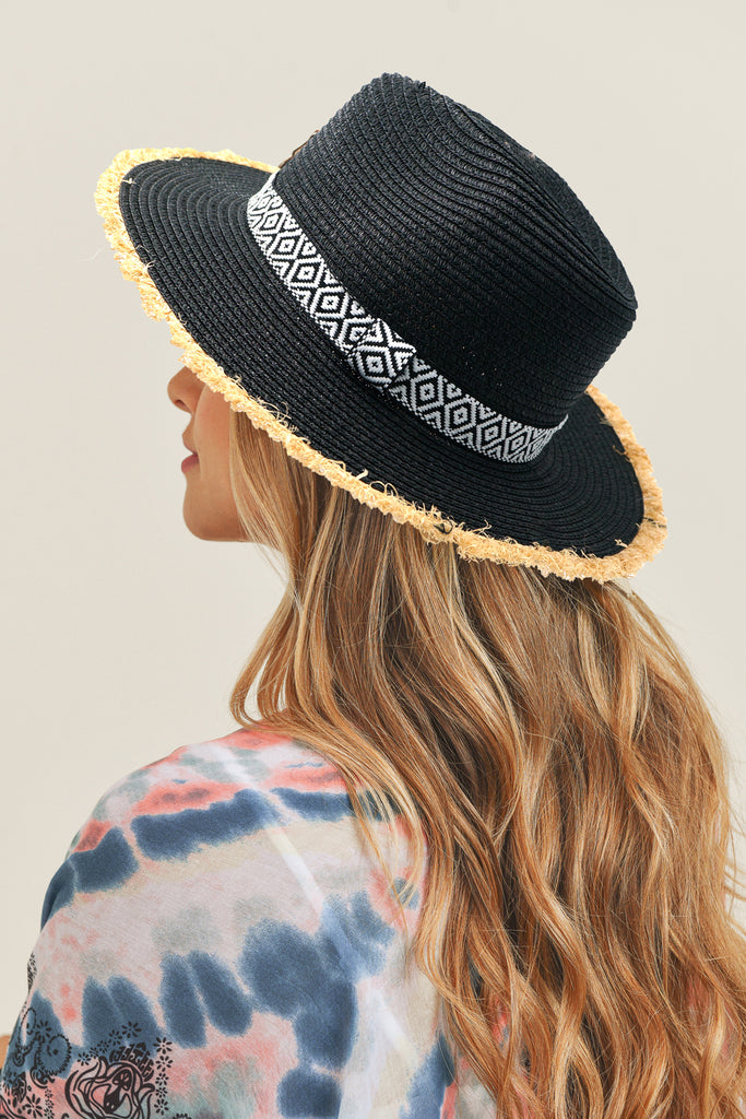 FRAYED TRIM AZTEC STRAW HAT