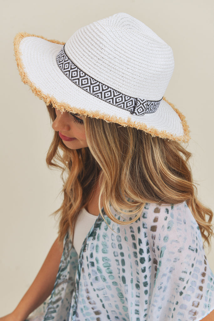 FRAYED TRIM AZTEC STRAW HAT