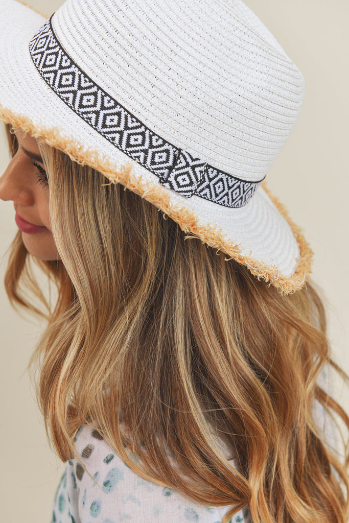 FRAYED TRIM AZTEC STRAW HAT