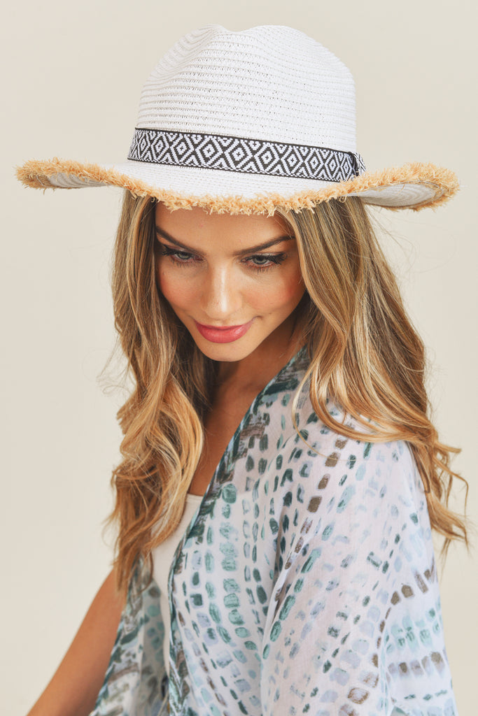 FRAYED TRIM AZTEC STRAW HAT