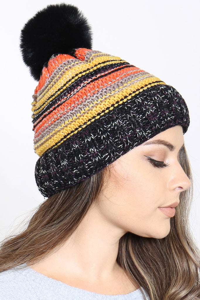 MULTICOLOR STRIPE FLEECE POMPOM BEANIE