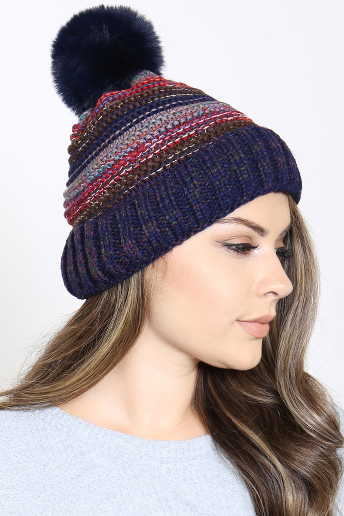 MULTICOLOR STRIPE FLEECE POMPOM BEANIE