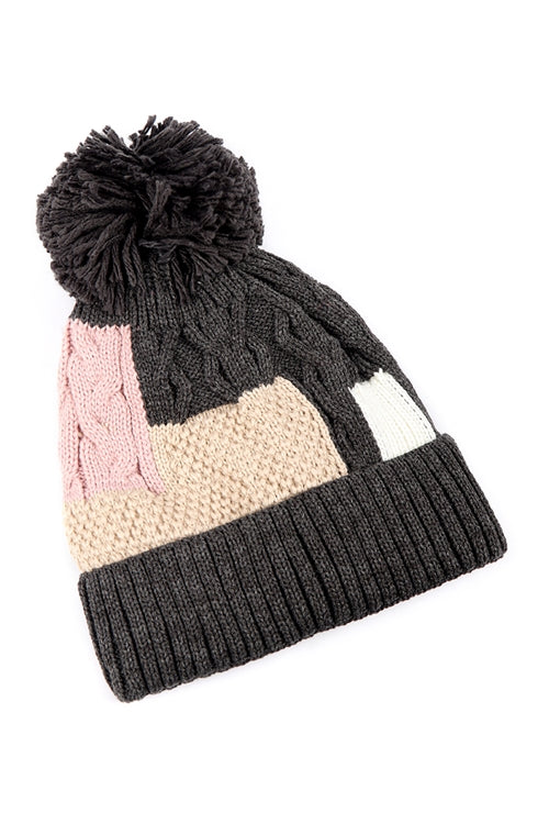 PATCH FLEECE POMPOM BEANIE ACRYLIC