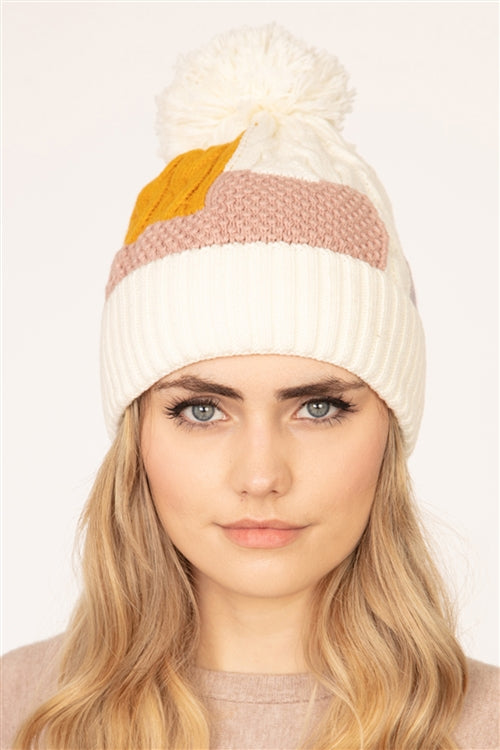 PATCH FLEECE POMPOM BEANIE ACRYLIC