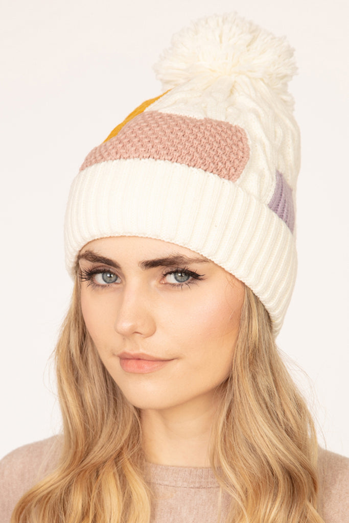 PATCH FLEECE POMPOM BEANIE ACRYLIC