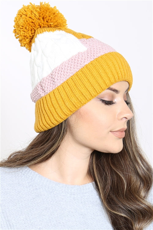 PATCH FLEECE POMPOM BEANIE ACRYLIC