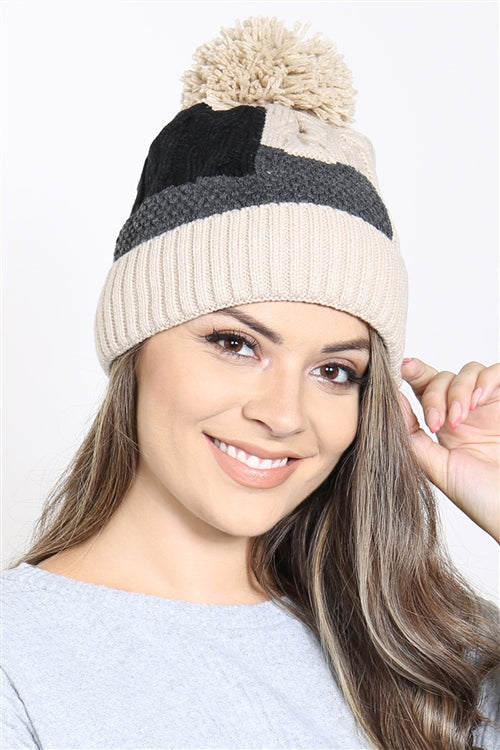 PATCH FLEECE POMPOM BEANIE ACRYLIC