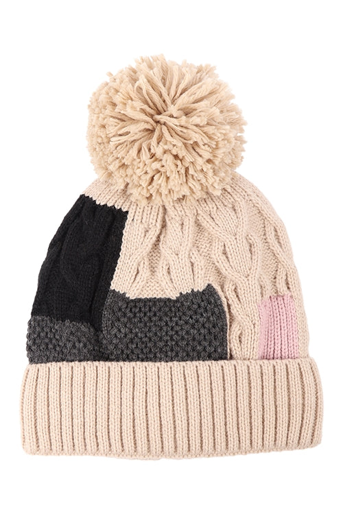 PATCH FLEECE POMPOM BEANIE ACRYLIC