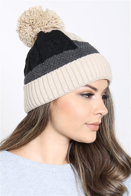 PATCH FLEECE POMPOM BEANIE ACRYLIC