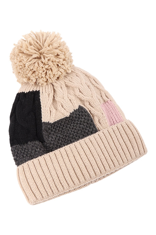 PATCH FLEECE POMPOM BEANIE ACRYLIC