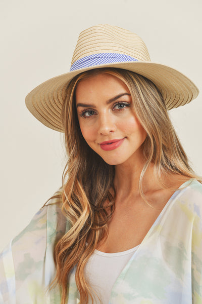 FOLD STRIPED BOW STRAW HAT BEIGE WITH PINK BAND – Riah Fashion display picture 2
