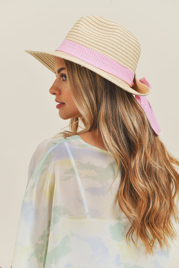 FOLD STRIPED BOW STRAW HAT BEIGE WITH PINK BAND