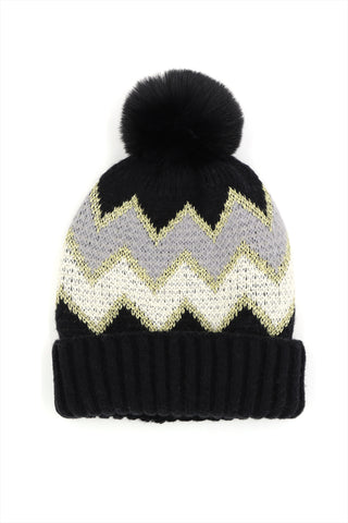 CONFETTI DIAGONAL STRIPES POMPOM KNIT BEANIE