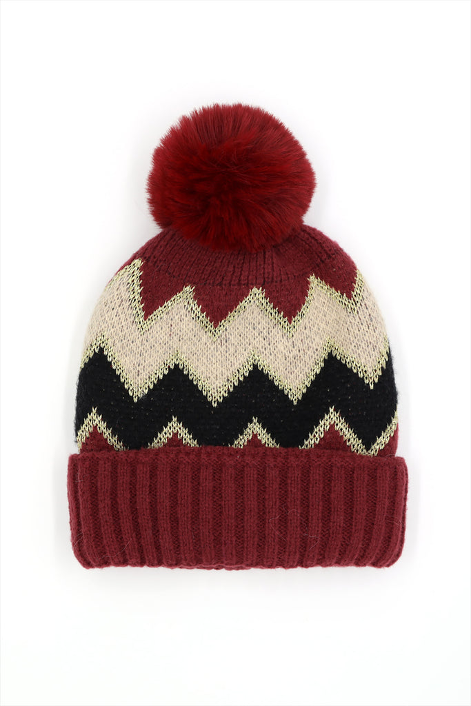 CHEVRON POMPOM FUZZY FLEECE BEANIE