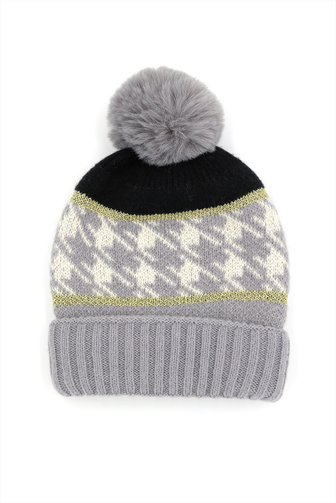 HOUNDSTOOTH BEANIE W/ POMPOM