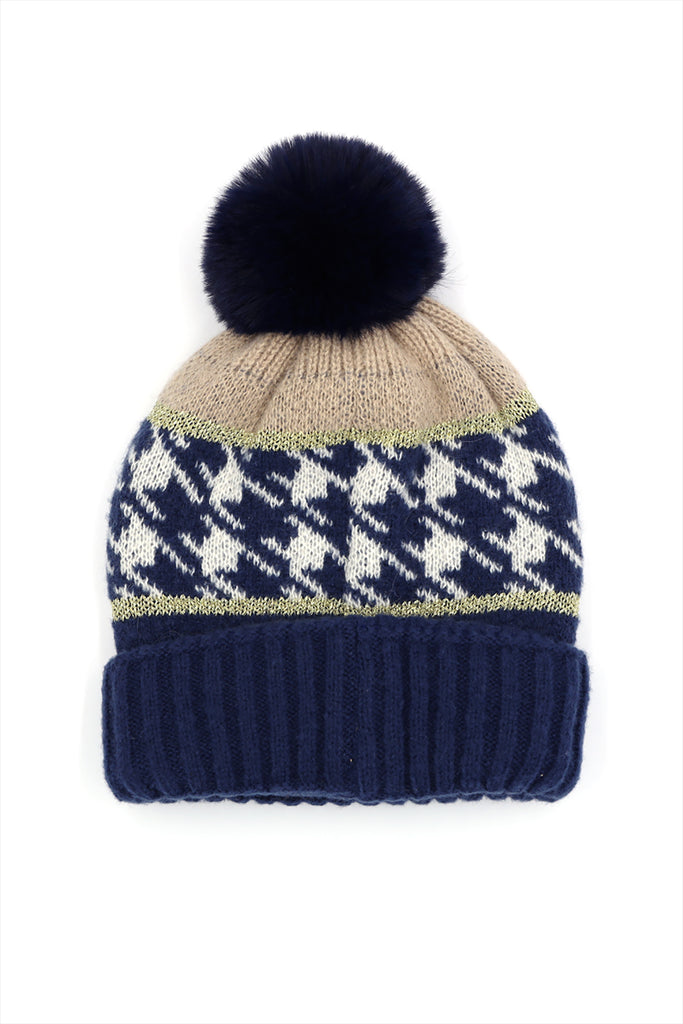 HOUNDSTOOTH BEANIE W/ POMPOM