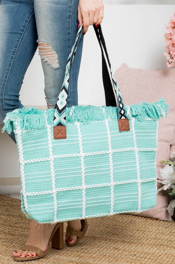 CHECKED PATTERN TOP FRINGE PATTERN STRAP BAG