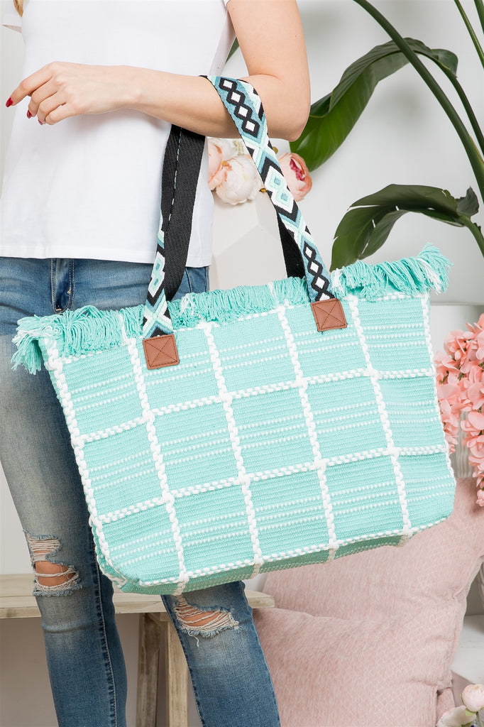 CHECKED PATTERN TOP FRINGE PATTERN STRAP BAG