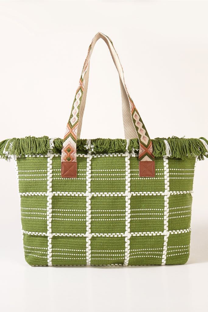 CHECKED PATTERN TOP FRINGE PATTERN STRAP BAG