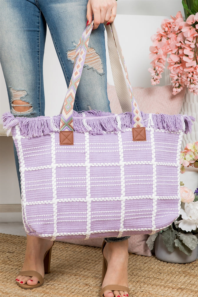 CHECKED PATTERN TOP FRINGE PATTERN STRAP BAG