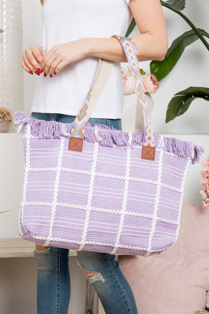 CHECKED PATTERN TOP FRINGE PATTERN STRAP BAG