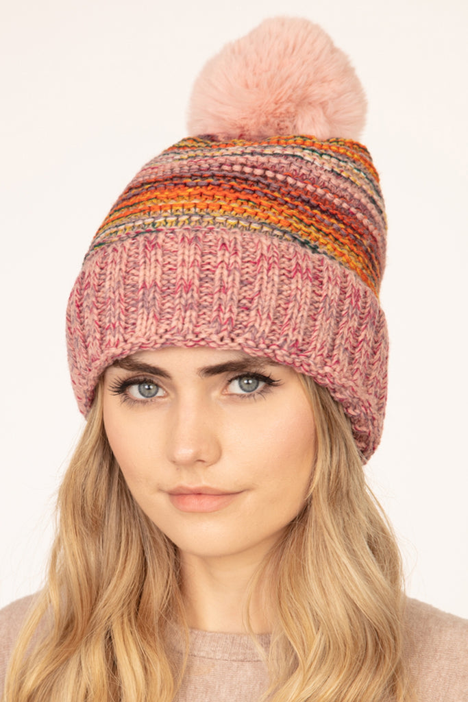 MULTICOLOR STRIPE FLEECE POMPOM BEANIE