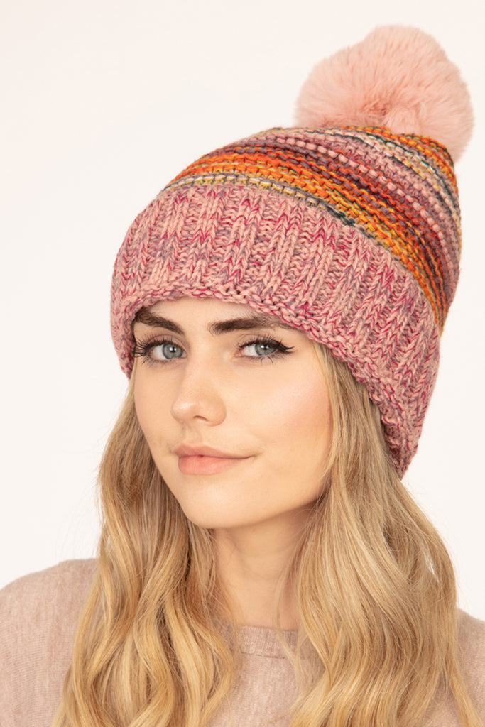 MULTICOLOR STRIPE FLEECE POMPOM BEANIE