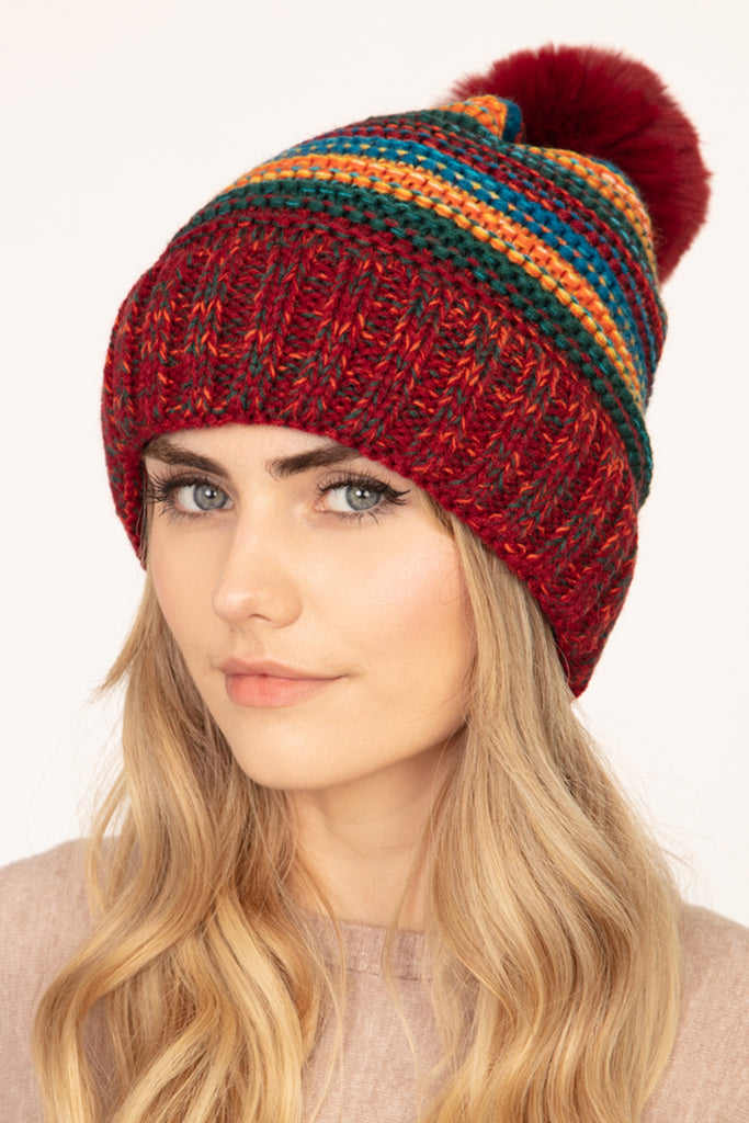 MULTICOLOR STRIPE FLEECE POMPOM BEANIE