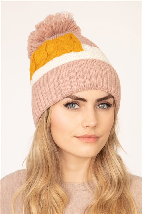 PATCH FLEECE POMPOM BEANIE ACRYLIC