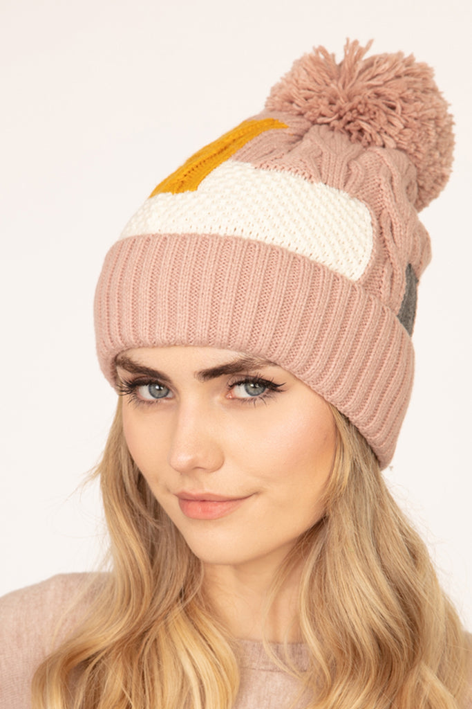 PATCH FLEECE POMPOM BEANIE ACRYLIC